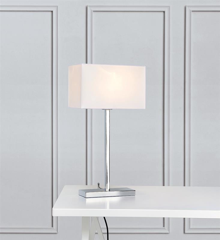 Lampa stołowa SAVOY 106305 Markslojd nowoczesna lampka w kolorze chromu z białym kloszem posiadająca wbudowany port USB 